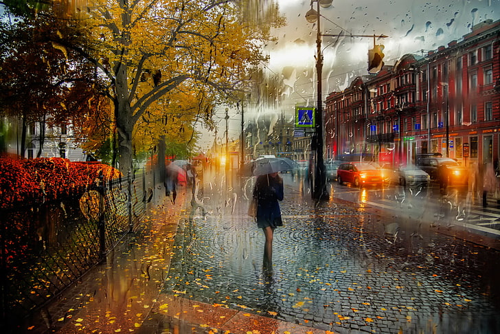 wanita memegang ilustrasi payung, gadis, hujan, payung, Saint Petersburg, Oktober, Wallpaper HD