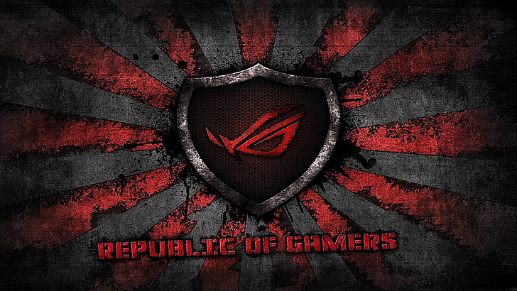 Logo Republic of Gamers, rosso, logo, grigio, sfondo, marchio, asus, rog, repubblica dei giocatori, asus gamer, sunburst, Sfondo HD