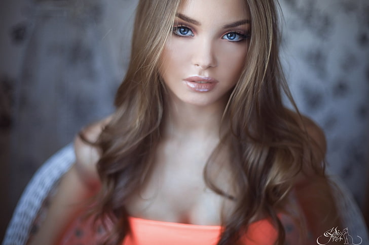 Frauen roten trägerlosen Top, Aussehen, Zärtlichkeit, Lippen, Schönheit, blaue Augen, Fotograf, Gesicht, Ksenia Paterna, HD-Hintergrundbild