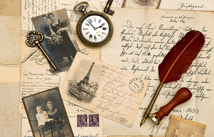 montre de poche dorée, stylo, montre, clé, sépia, photos, vintage, vieux papier, lettres, timbre, Fond d'écran HD