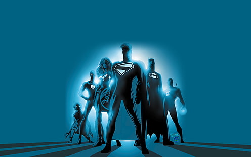 Fond d'écran numérique DC Comic Superheroes, Ligue de la justice, Batman, Superman, Wonder Woman, Flash, Lanterne verte, oeuvre d'art, Le Flash, fond bleu, Fond d'écran HD HD wallpaper