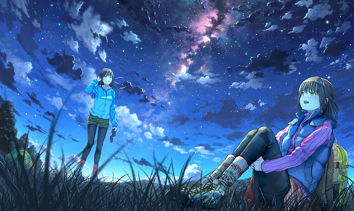 sky, anime, night, anime girls, stars, HD wallpaper