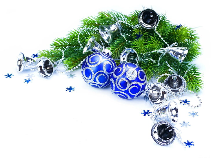 agujas, ramas, adornos navideños, campanas, copos de nieve, año nuevo, agujas, ramas, adornos navideños, campanas, copos de nieve, año nuevo, Fondo de pantalla HD