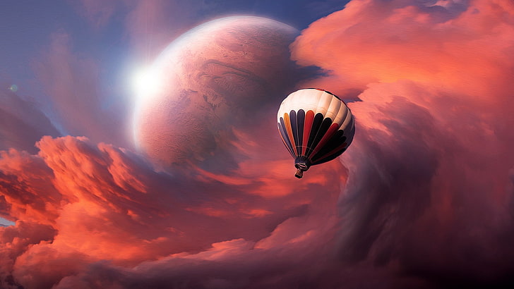 منطاد الهواء الساخن باللونين الأبيض والأحمر ، منطاد الهواء ، السماء ، الغيوم ، الطيران ، القمر، خلفية HD
