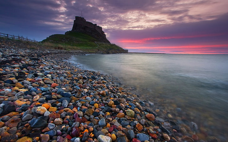 assorted stones, castle, ancient, beach, stones, England, sea, sunset, nature, landscape, sky, clouds, history, HD wallpaper