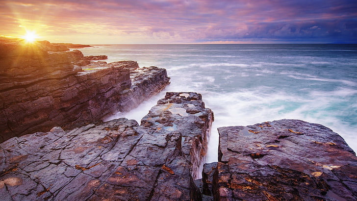 naturaleza, paisaje, mar, puesta de sol, luz solar, roca, costa, olas, agua, Fondo de pantalla HD
