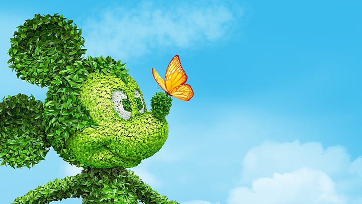 Mickey mouse, leaves, butterfly, blue sky, Mickey, Mouse, Leaves, Butterfly, Blue, Sky, HD wallpaper
