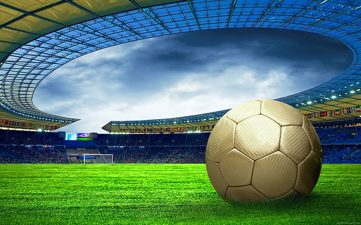 Футбольный стадион, белый футбольный мяч на зеленом футбольном поле, футбол, спорт, стадион, воздушный шар, HD обои