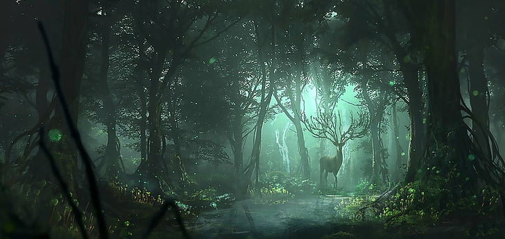 Fantasie, Landschaft, Hirsch, Wald, HD-Hintergrundbild