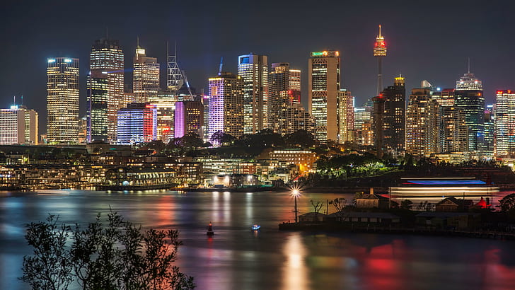 Сидней, Австралия, мегаполис, городской пейзаж, горизонт, мегаполис, ночь, небоскребы, центр города, фотография с большой выдержкой, огни города, док, здания, HD обои