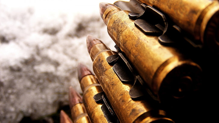 gold bullet lot, brass-colored bullets close-up photography, ammunition, macro, weapon, metal, HD wallpaper
