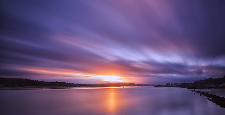 body of water during purple sunset, River Clyde, body of water, purple sunset, Scotland, long exposure, Bowling, basin, sunset, night, nature, dusk, sky, water, landscape, reflection, HD wallpaper
