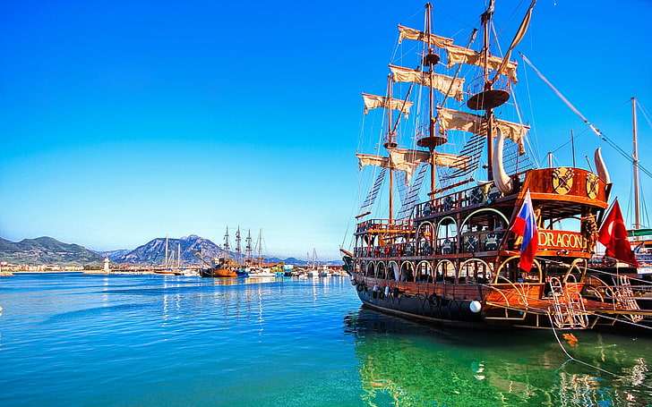 rotes und braunes Drachenboot, Segelschiff, Schiff, Fahrzeug, HD-Hintergrundbild