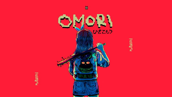 OMOCAT, Omori, kij baseballowy, czerwone tło, anime dziewczyny, anime, proste tło, Tapety HD