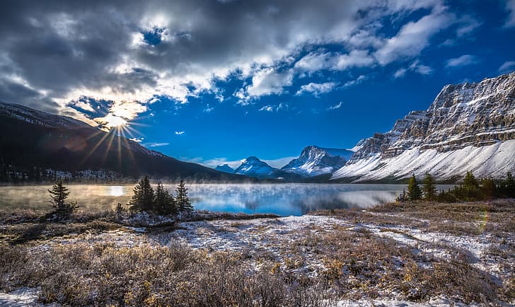 clouds, snow, mountains, lake, Canada, Albert, Banff National Park, Alberta, Canadian Rockies, Bow Lake, Bow Lake, HD wallpaper