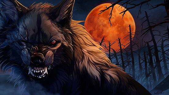 dark, fantasy art, artwork, night, fan art, Werewolf, creature, Moon, HD wallpaper HD wallpaper