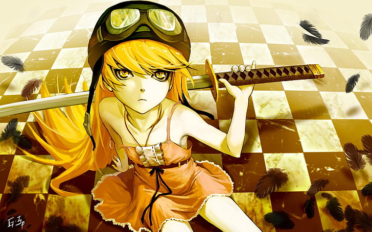 weibliche Anime-Figur hält Katana digitale Tapete, Oshino Shinobu, Monogatari-Serie, Anime, Anime-Mädchen, Vampire, Katana, lange Haare, Blondine, Fankunst, HD-Hintergrundbild