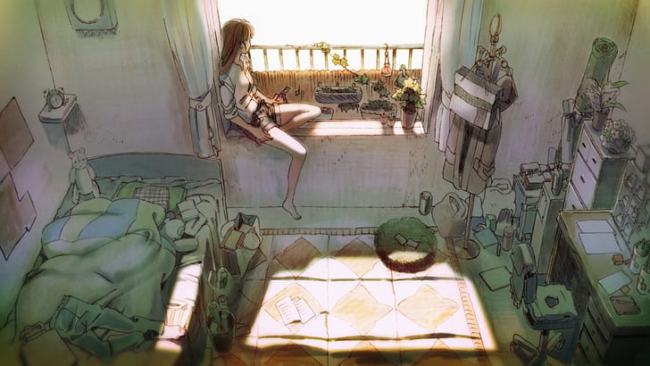 Anime Girls, Bedroom, Windowsill, anime girls, bedroom, windowsill, HD wallpaper