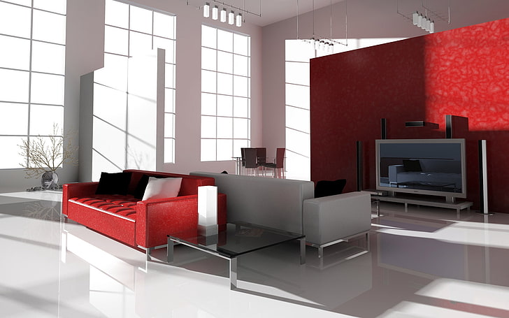 canapé en cuir rouge, salon, salle de bains, canapé, écran, style, modernisme, Fond d'écran HD