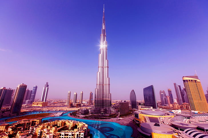 ville, urbain, paysage urbain, gratte-ciel, lens flare, Burj Khalifa, Dubaï, Fond d'écran HD