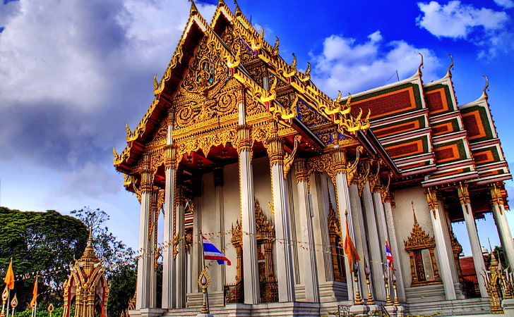 Temple In Bankok, white and brown concrete pillar building, Asia, Thailand, Architecture, Golden, Temple, bangkok, buddhist, HD wallpaper