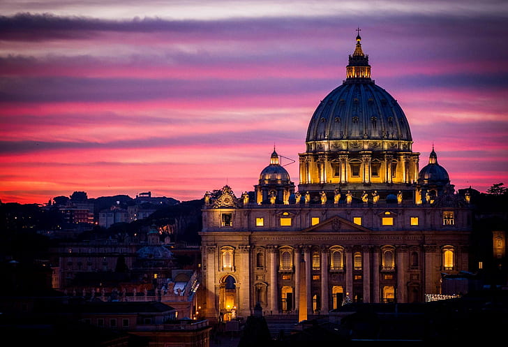 niebo, zachód słońca, miasto, wieczór, Rzym, architektura, Włochy, Watykan, Watykan, Katedra św.Piotra, Bazylika św.Piotra, Watykan, Tapety HD