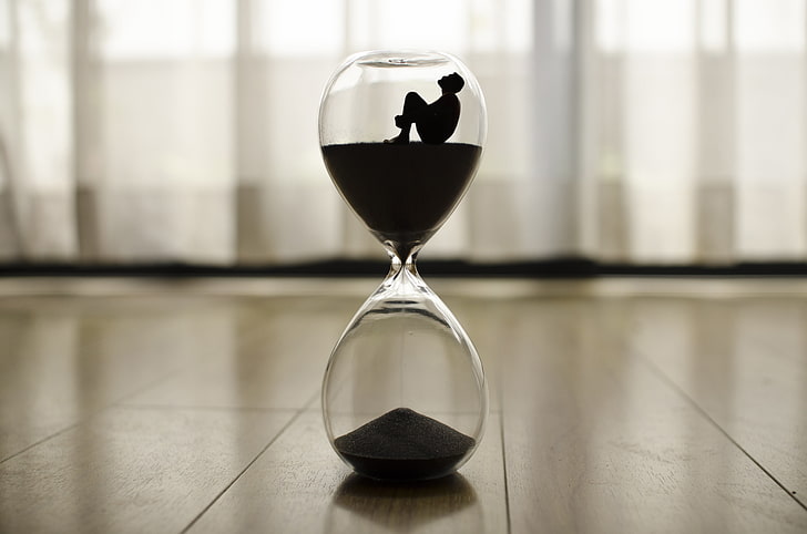 clear hour glass, hourglass, man, time, loneliness, HD wallpaper