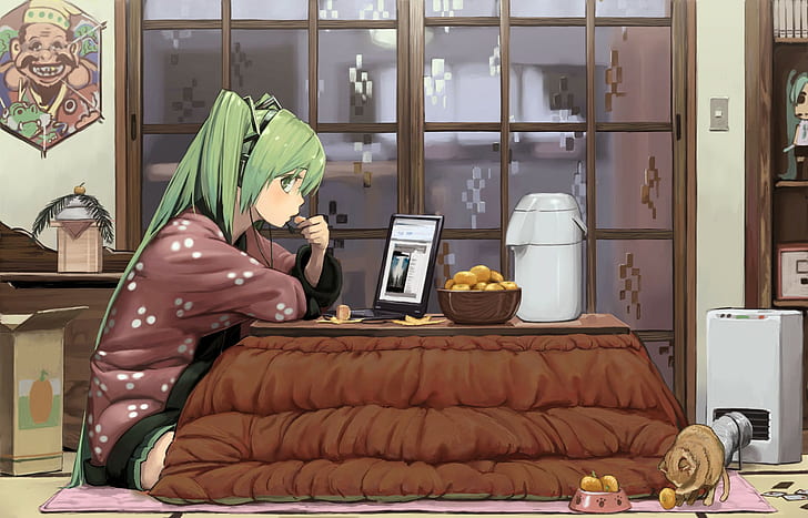 animals, anime, bangs, cats, computers, eating, eyes, food, girls, green, hair, hatsune, headphones, headsets, indoors, laptops, long, miku, profile, room, sitting, tables, twintails, vocaloid, HD wallpaper