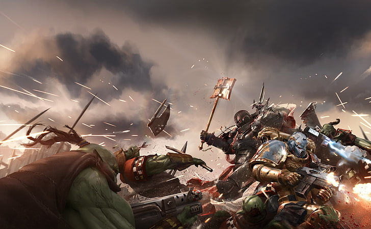 papel de parede digital de guerra orc e robô, guerra, batalha, orc, arte, espaço marinho, Warhammer, Warhammer 40K, orks, WH40K, HD papel de parede
