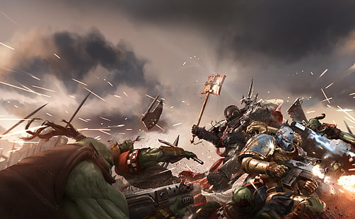 papel de parede digital de guerra orc e robô, guerra, batalha, orc, arte, espaço marinho, Warhammer, Warhammer 40K, orks, WH40K, HD papel de parede HD wallpaper
