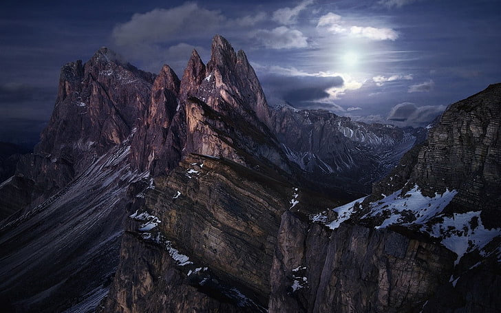 nature, landscape, mountains, snow, clouds, sky, Moon, moonlight, Alps, HD wallpaper