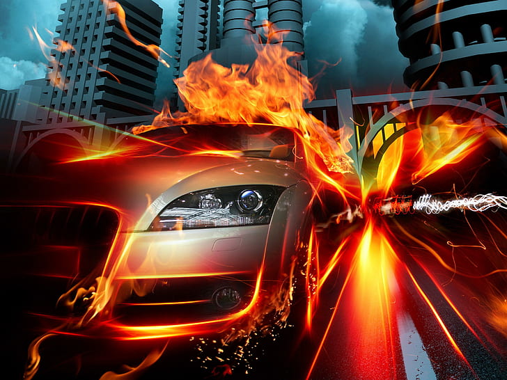 Car in Fire City HQ, city, fire, creative and graphics, HD wallpaper