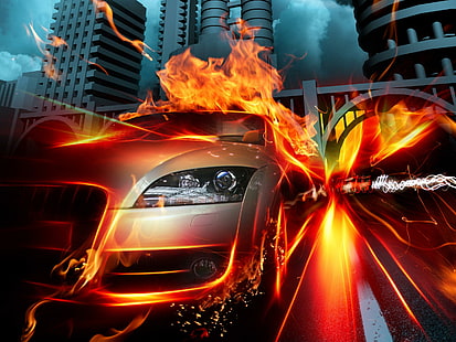 Кола в централата на Fire City, град, огън, креатив и графика, HD тапет HD wallpaper