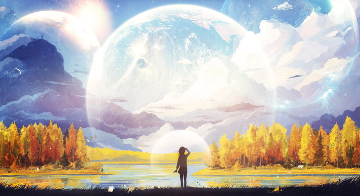 Anime Wallpaper, Kunstwerk, Fantasy Art, Anime, Berge, Mond, Wald, Natur, Anime Girls, Planet, Himmel, HD-Hintergrundbild