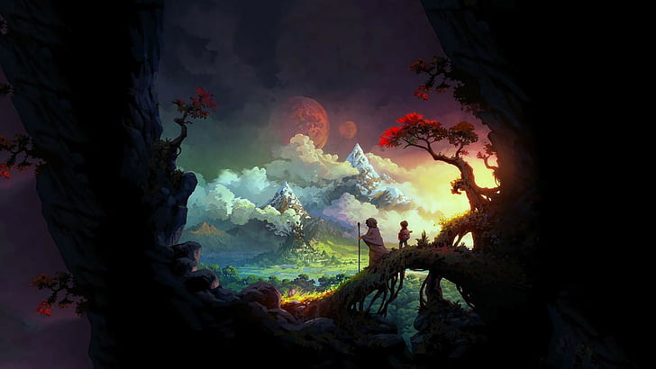 dua orang di atas lukisan akar pohon, seni fantasi, Wallpaper HD
