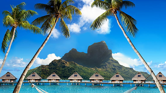 Bora Bora, 5k, 4k fondos de pantalla, Polinesia francesa, Mejores playas de 2017, Mejores hoteles de 2017, océano, palmeras, montañas, playa, vacaciones, descanso, viajes, reservas, hamacas, Fondo de pantalla HD HD wallpaper