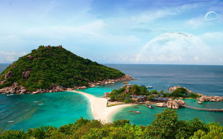 عندما تكون Nang Yuan جزيرة صغيرة قريبة جدًا من شاطئ Ko Tao الرملي للغوص في المياه الفيروزية في تايلاند 1920x، خلفية HD