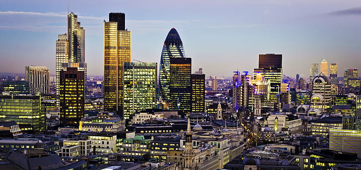 the city, lights, England, London, building, home, the evening, panorama, UK, skyscrapers, Great Britain, Canary Wharf, 30 St Mary Axe, Canada Square, Tower 42, HD wallpaper