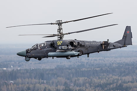 회색 군용 헬리콥터, 비행, 헬리콥터, 러시아어, Ka-52, 충격, 