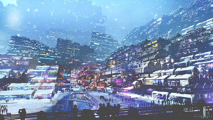 Hochhaus, Kunstwerk, digitale Kunst, Stadt, futuristisch, Cyberpunk, Schnee, Lichter, Menschen, Winter, HD-Hintergrundbild