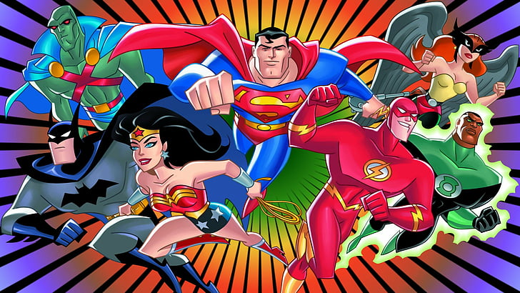Комикси, Лига на справедливостта, Батман, DC Comics, Flash, Hawkgirl, John Stewart (Green Lantern), Martian Manhunter, Superman, Wonder Woman, HD тапет