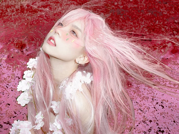 rosa Haare, asiatisch, weiße Kleidung, HD-Hintergrundbild