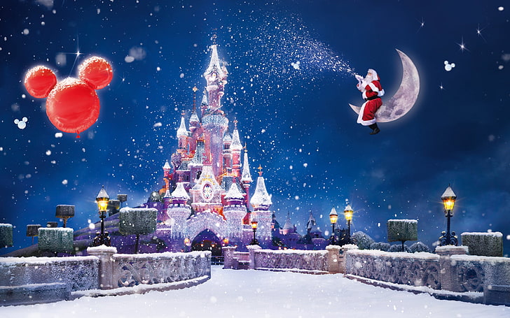 Дисни замък дигитален тапет, сняг, светлини, замък, празник, магия, луната, Париж, Коледа, Нова година, Дисниленд, Дядо Коледа, венец, Дисниленд Париж, HD тапет