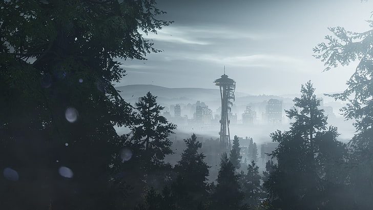 torre y árboles, futurista, Seattle, Fondo de pantalla HD