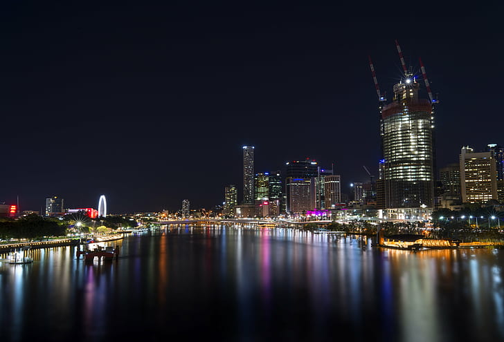 skycraper building during night, brisbane, brisbane, at night, building, brisbane  city, australia, qld, tourism, 35mm, lens, nikon  d800, sigma, nightscape, cityscape, scape, lights, southbank, cbd, colours, colors, water, long  exposure  photography, wide  angle, low  light, night, urban Skyline, architecture, river, skyscraper, reflection, urban Scene, downtown District, famous Place, illuminated, city, built Structure, building Exterior, office Building, modern, tower, HD wallpaper