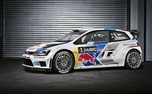 Auto Red Bull bianca, blu e rossa, Auto, Bianco, Volkswagen, Garage, Red Bull, WRC, Rally, Vista laterale, Polo, Sfondo HD HD wallpaper