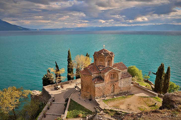 ทะเลสาบ โบสถ์ Ohrid ทะเลสาบ Ohrid โบสถ์ Saint John at Kaneo โบสถ์ St. John Kaneo มาซิโดเนียเหนือ มาซิโดเนียเหนือ, วอลล์เปเปอร์ HD