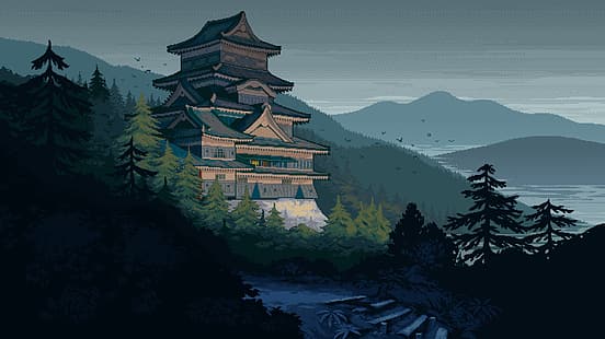 Giappone, pixel art, montagne, Sfondo HD HD wallpaper