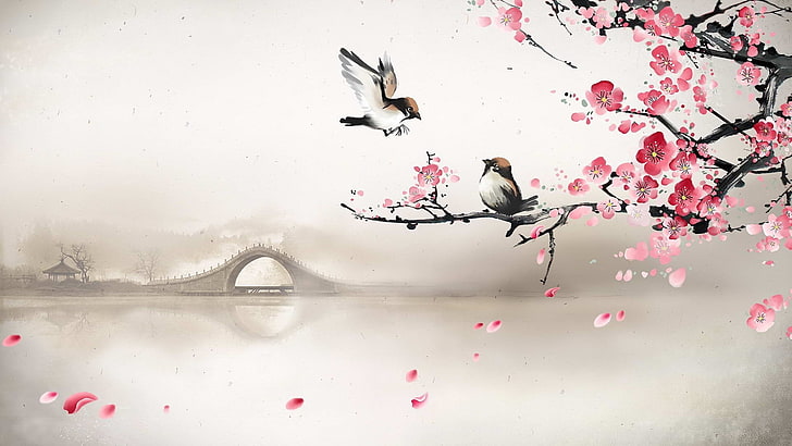 две птицы и вишни дерево картинки, мост, туман, река, весна, утро, сакура, искусство, птицы, вишня, HD обои