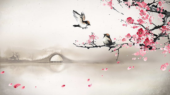 clipart arbre deux oiseaux et fleurs de cerisier, pont, brouillard, rivière, printemps, matin, Sakura, art, oiseaux, fleurs de cerisier, Fond d'écran HD HD wallpaper